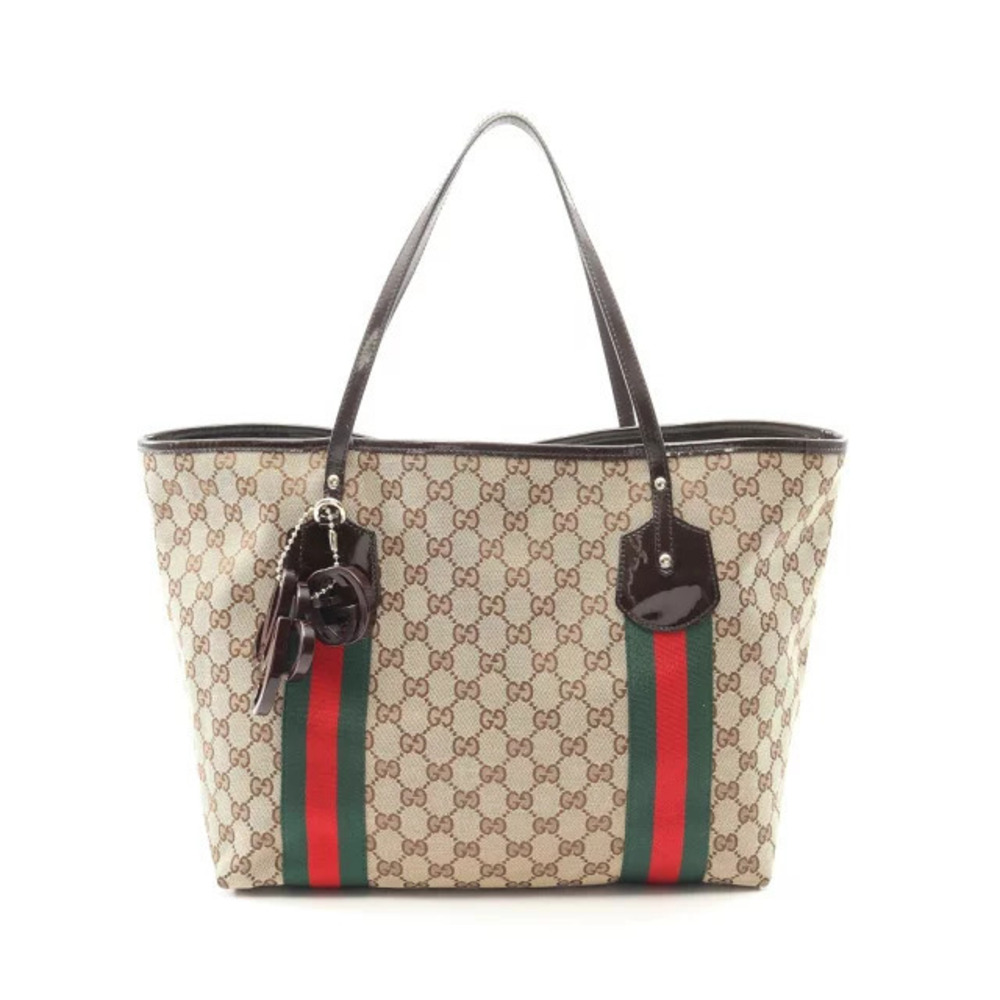 Gucci GG Canvas Sherry Tote Bag Patent Vernis Leather Beige Cream Brown
